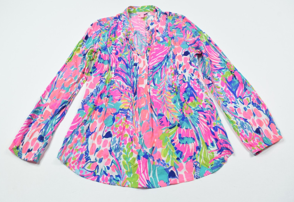 Lilly Pulitzer Sarasota Tunic Top Womens Medium Pink Blue Floral Pullover V-Neck